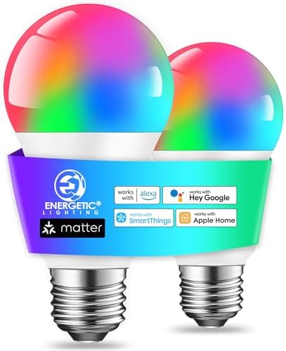 Energetic Light Bulbs Work with Alexa/Apple Home/Google Home/SmartThings, Matter Smart A19 LED Light Bulb, E26 RGB Smart Bulbs, 60W Equivalent, 800LM, 2.4 Ghz WiFi Only, Smart Speaker Required, 2 Pack