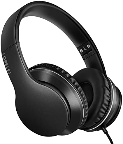 LORELEI X6 Over-Ear Wired Stereo Bass Headphones with Microphone, Lightweight, Foldable & Portable with 1.45M No-Tangle for Smartphone, Tablet, MP3/4, Space Black
