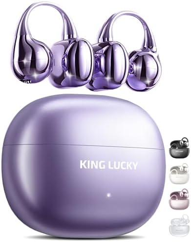 King Lucky Clip on Earbuds Open Ear Wireless Bluetooth 5.4 Headphones with Mic, 50H Play, Noise Cancelling, Waterproof, Comfortable for Small Ears & Glasses Wearers, Sports, Workouts, Purple
