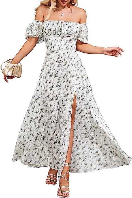 Women's Summer Puff Sleeve Floral Split Maxi Dress Flowy A Line Casual Beach Long Dresses